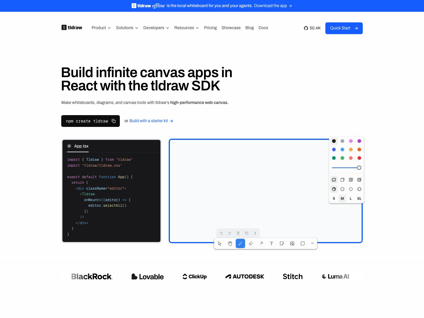 The tldraw.dev homepage, showing its navigation, typography, and canvas SDK introduction